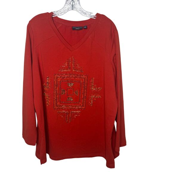Susan Graver Artisan Red Beaded Geometric V-Neck Long Sleeve Top 1X - Picture 1 of 8